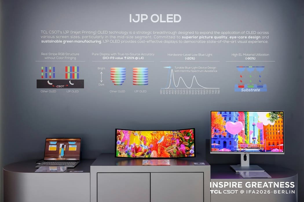 TCL CSOT lleva a IFA 2026 un monitor IJP OLED de 500 nits y una pantalla plegable de 28 pulgadas