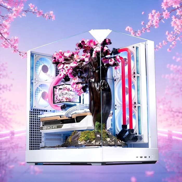 Aftershock Cherry Bloom: un PC con RTX 5080 y 70 flores de titanio que se abren con el calor