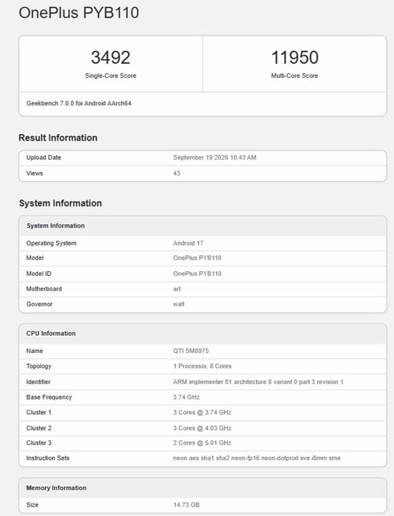 OnePlus 16 aparece en Geekbench con 16 GB de RAM y 11.950 puntos multi-core