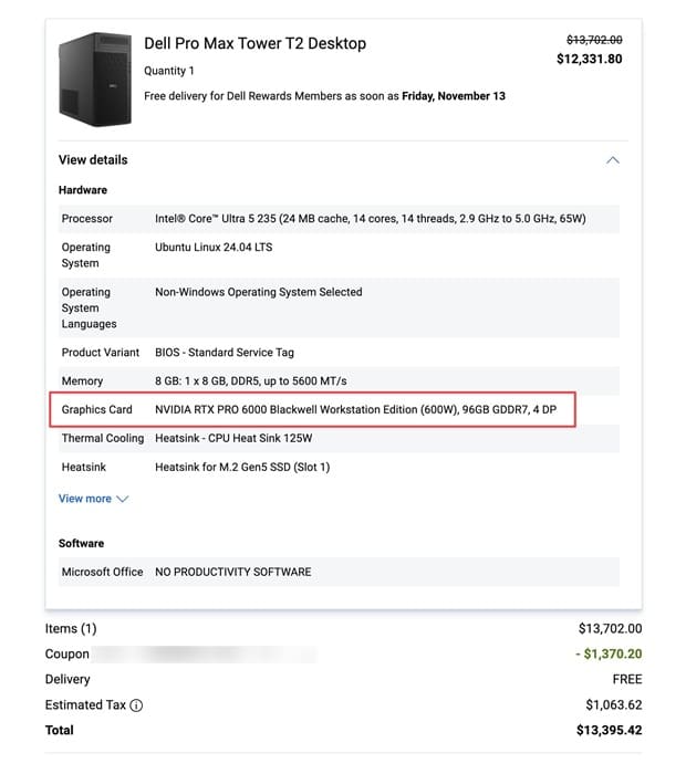 Dell Pro Max Tower T2 con RTX PRO 6000 cuesta menos que la tarjeta gráfica vendida por separado