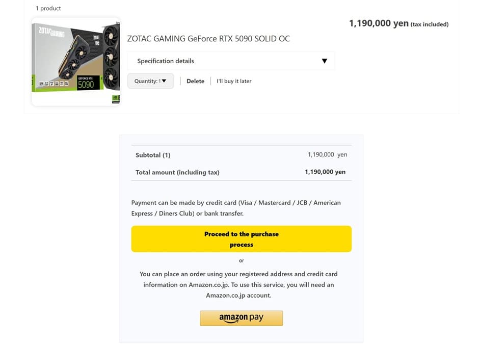 ZOTAC RTX 5090 SOLID OC reaparece en Japón por 1,19 millones de yenes