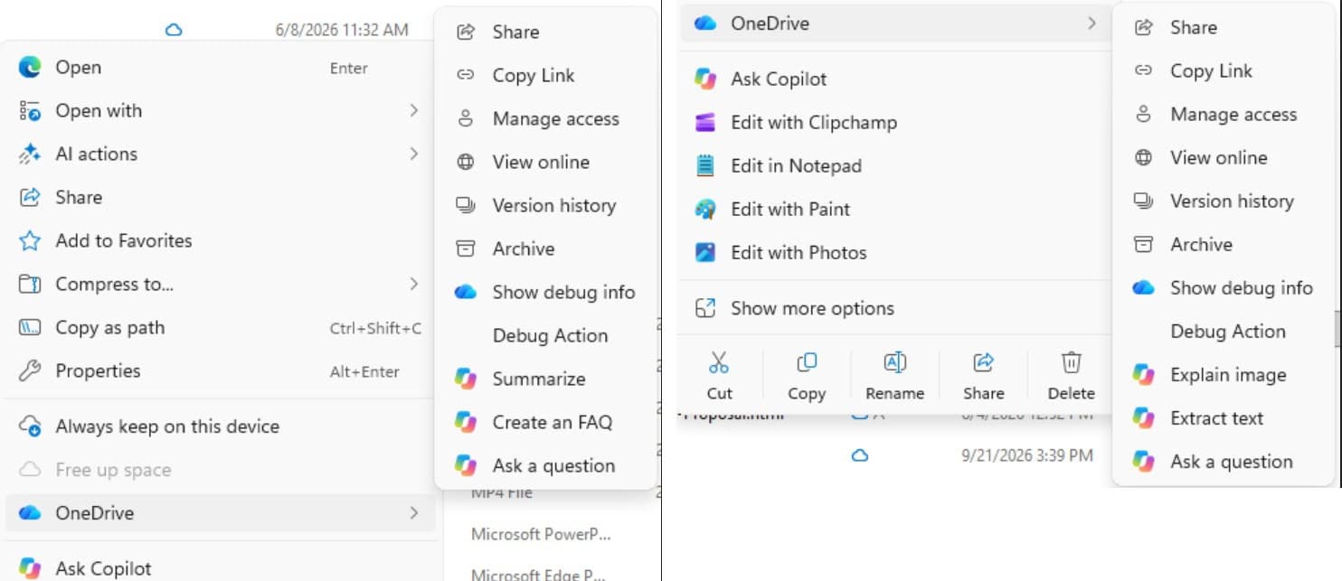 Microsoft eliminará ocho acciones de Copilot de OneDrive en el Explorador de Windows 11