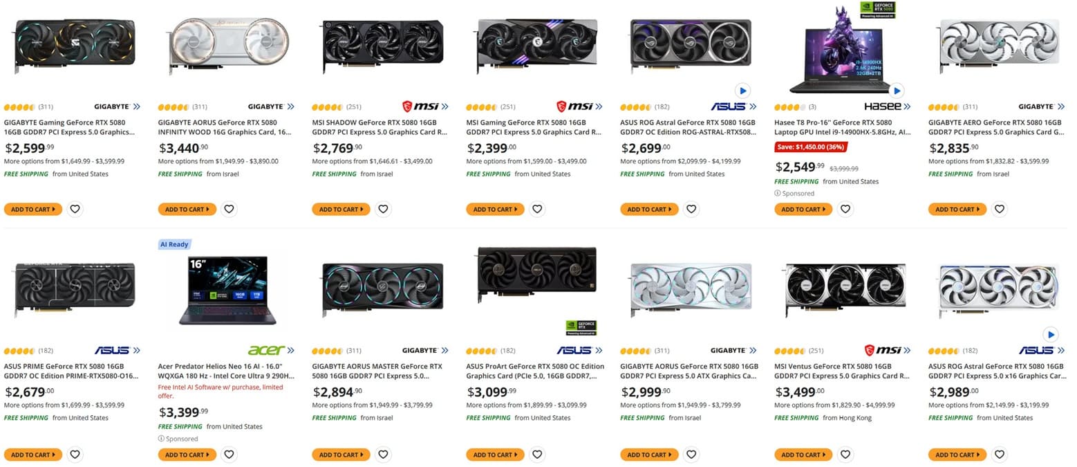 La GeForce RTX 5080 alcanza los 2.000 dólares en EE. UU. y duplica su precio de lanzamiento