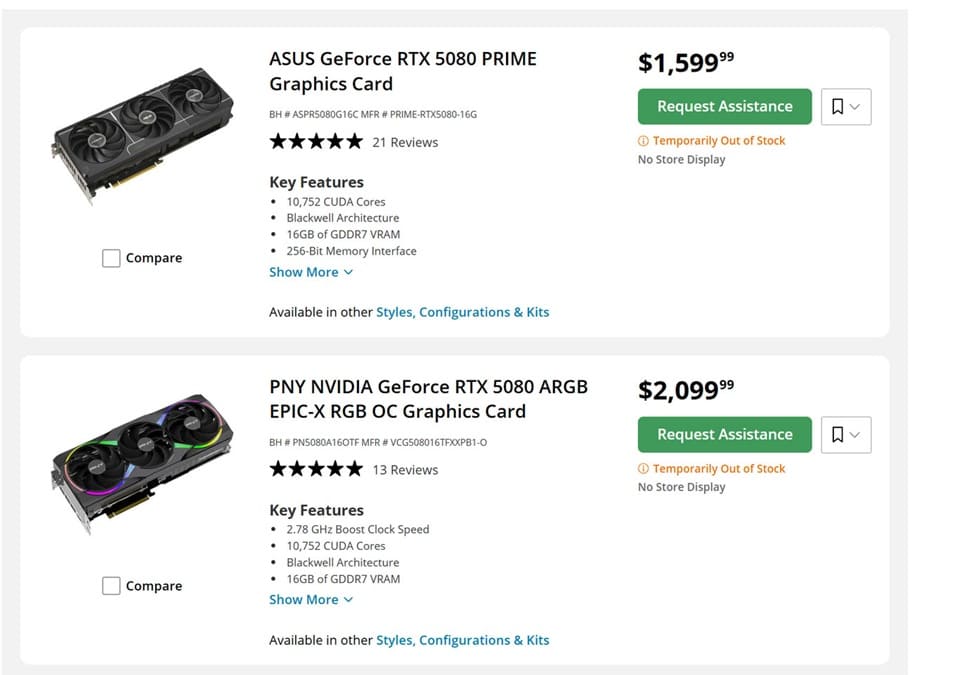 La GeForce RTX 5080 alcanza los 2.000 dólares en EE. UU. y duplica su precio de lanzamiento